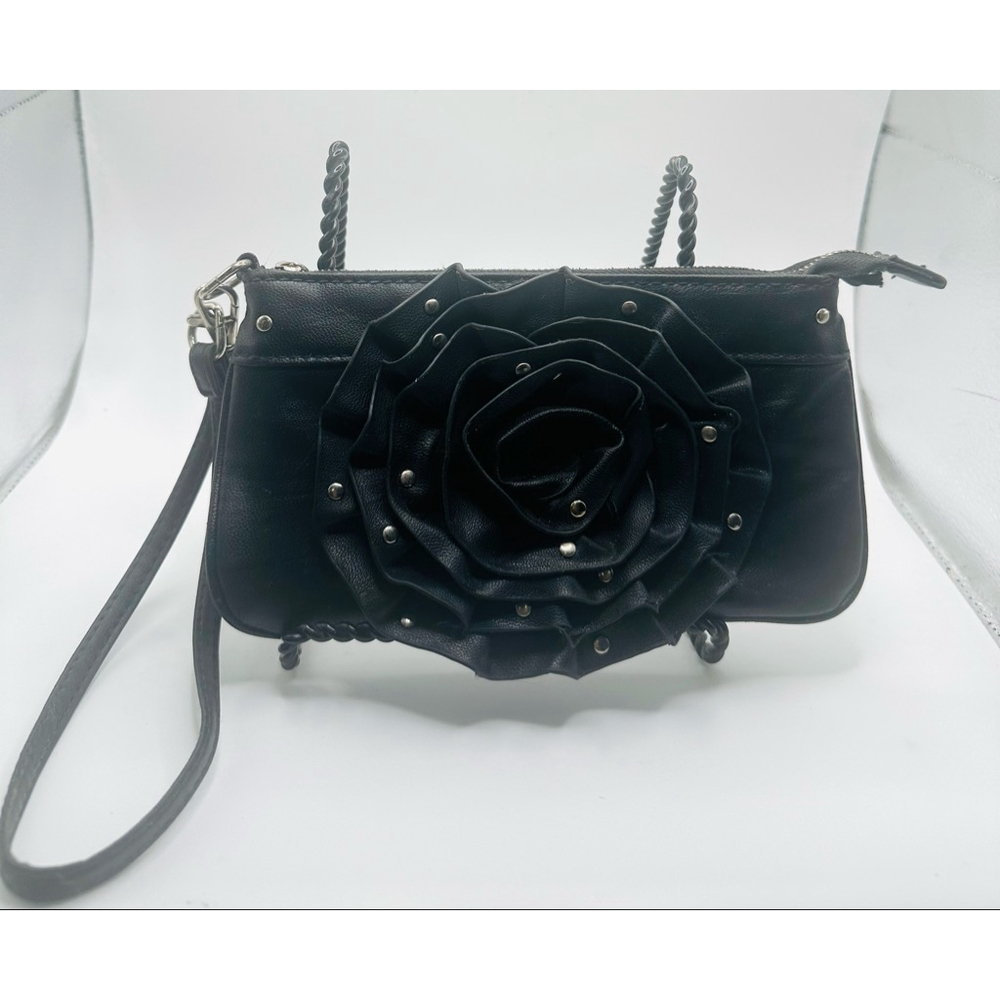 Steve Madden Clutch wristlet Black Rose Detail animal print lining